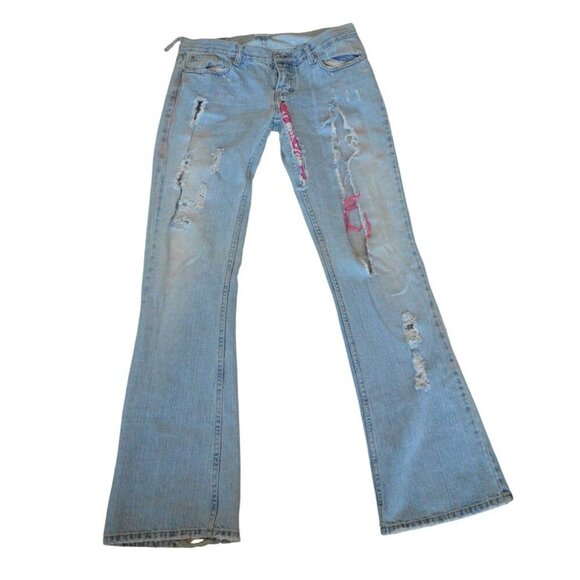 Vintage y2k Taunt Womens Distressed Light Blue Denim Jeans Pink Accents Size 7L - Picture 14 of 14